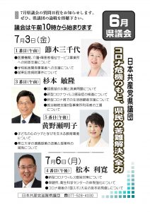 2020年6月県議会、議員の質問日程ビラ